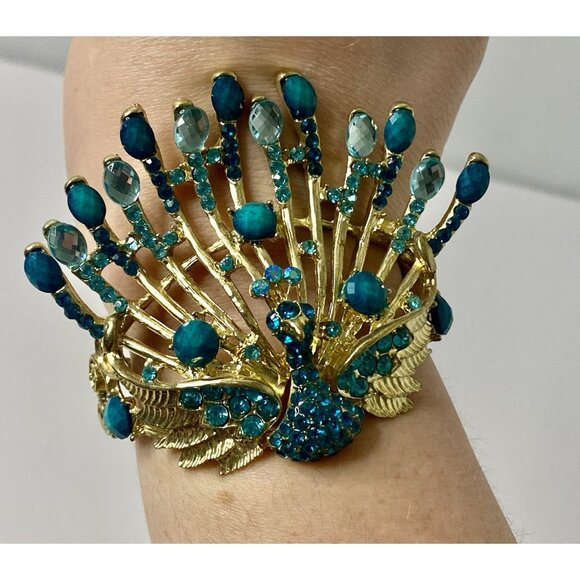 Peacock Bangle Bracelet Statement Costume Jewelry Gold Tone Blue Turquoise - Picture 1 of 8